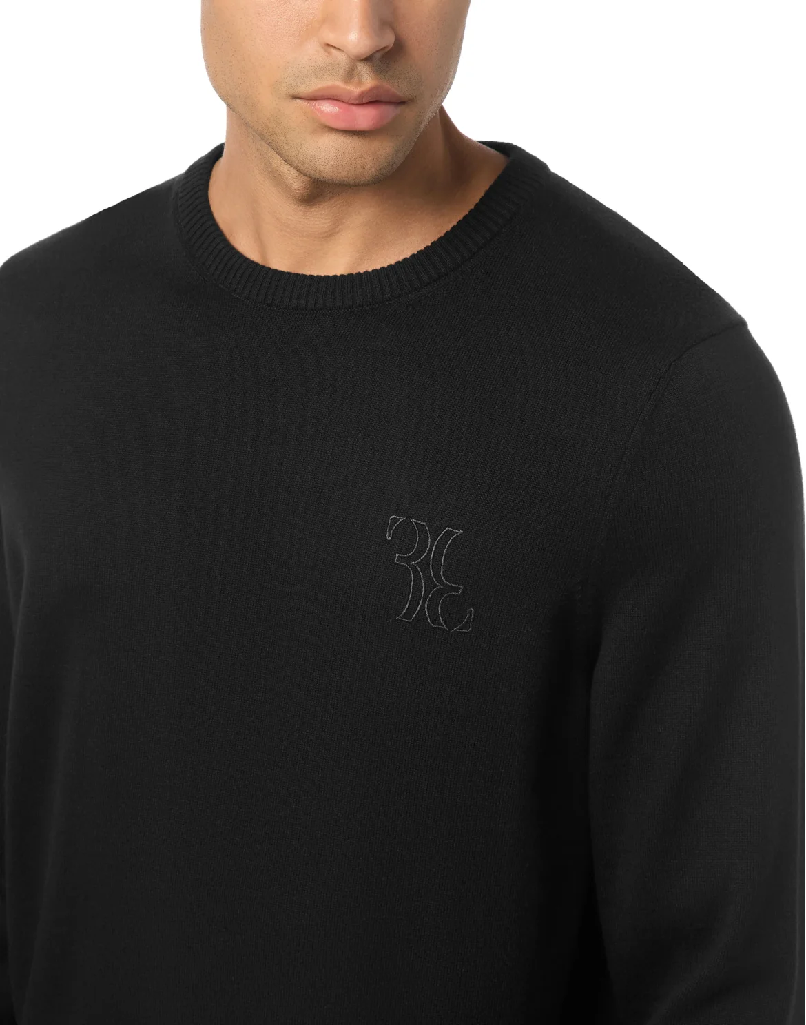 Embroidered Cotton Cashmere Round Neck Pullover, цвет: Черный