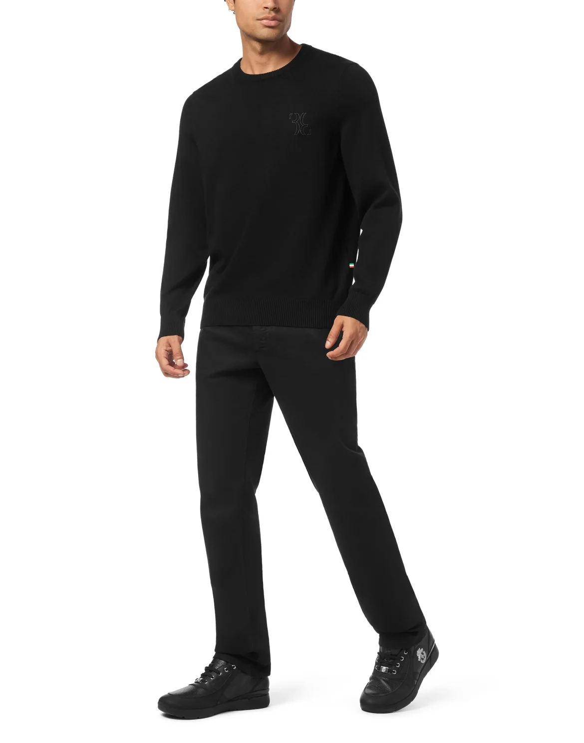 Embroidered Cotton Cashmere Round Neck Pullover, цвет: Черный