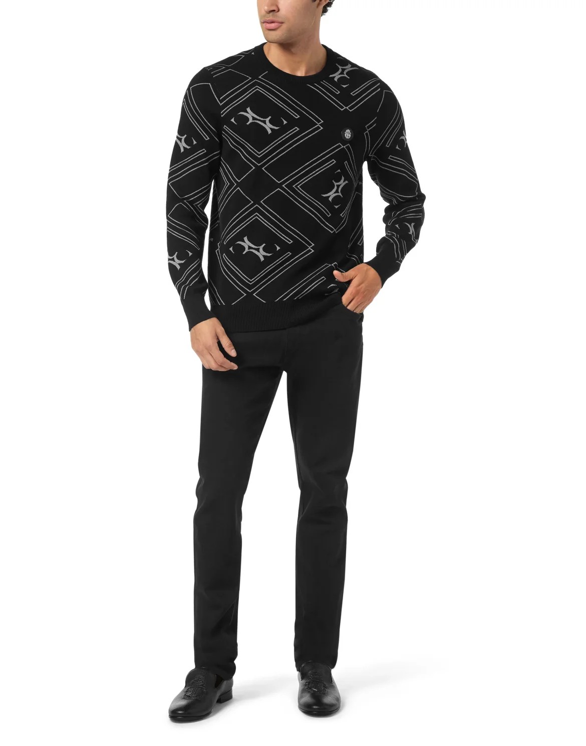 Wool Silk Round Neck Pullover Jacquard, цвет: Черный
