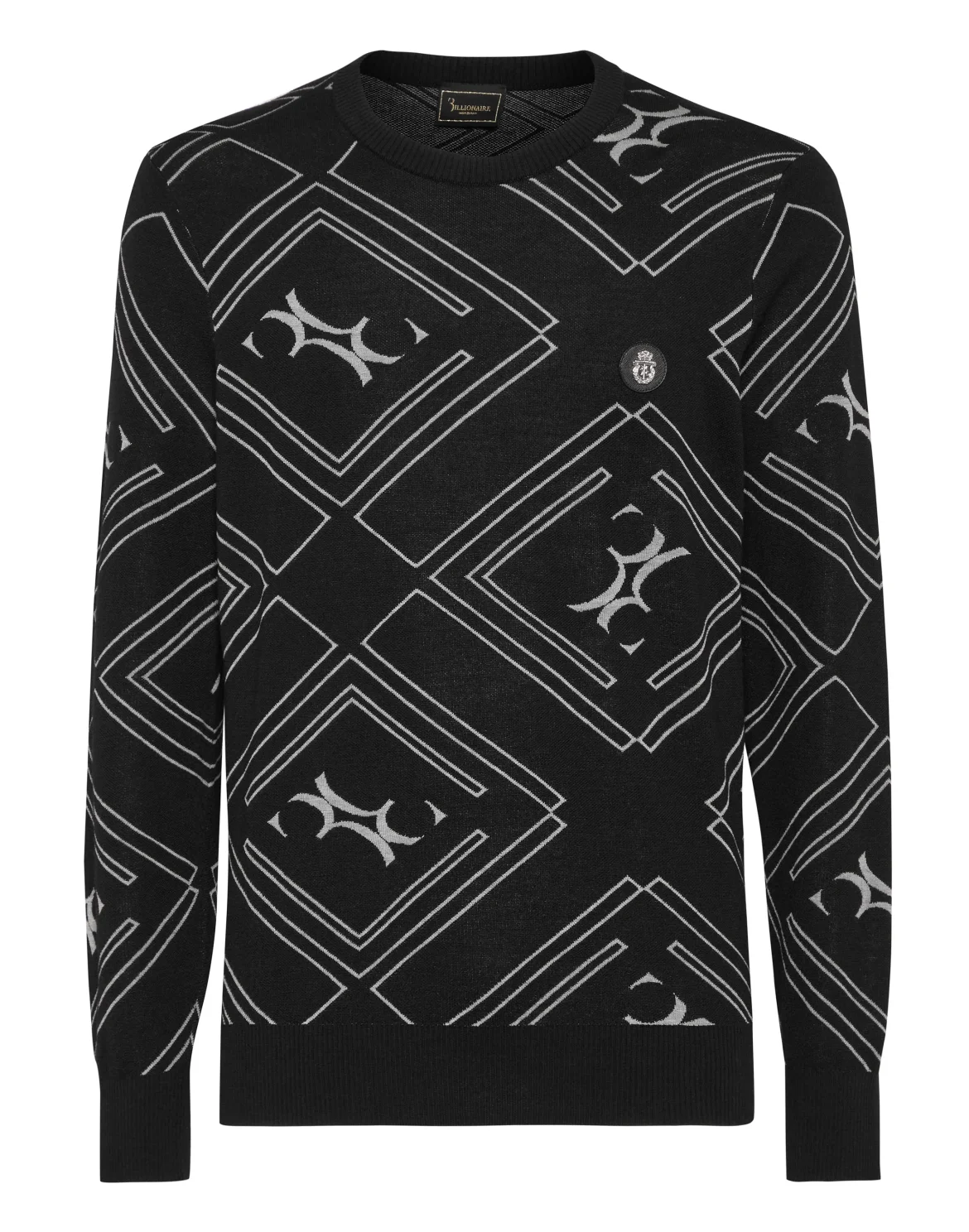 Wool Silk Round Neck Pullover Jacquard, цвет: Черный