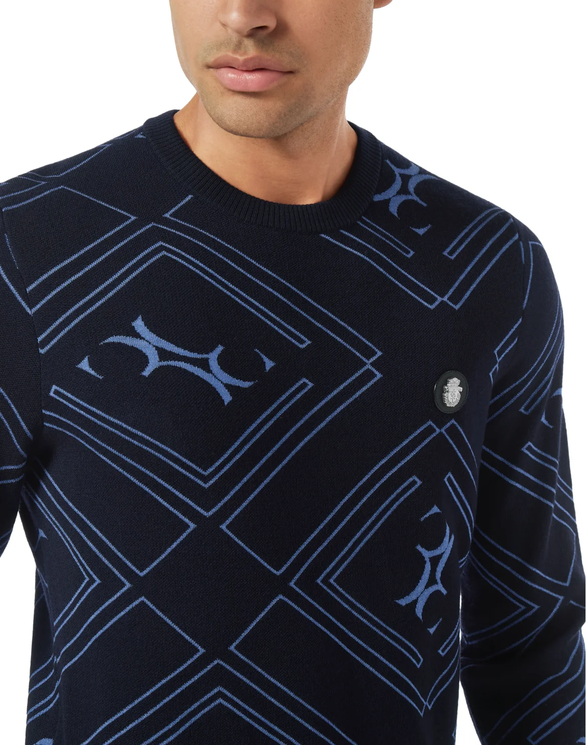 Wool Silk Round Neck Pullover Jacquard, цвет: Синий