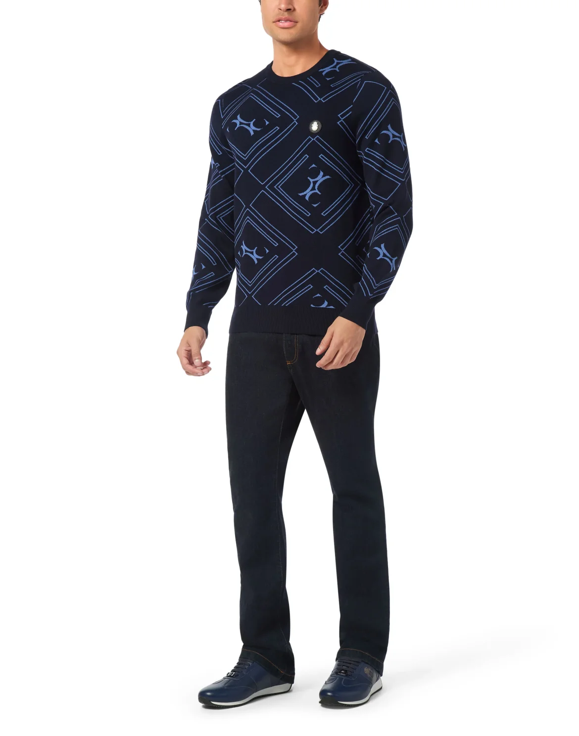 Wool Silk Round Neck Pullover Jacquard, цвет: Синий
