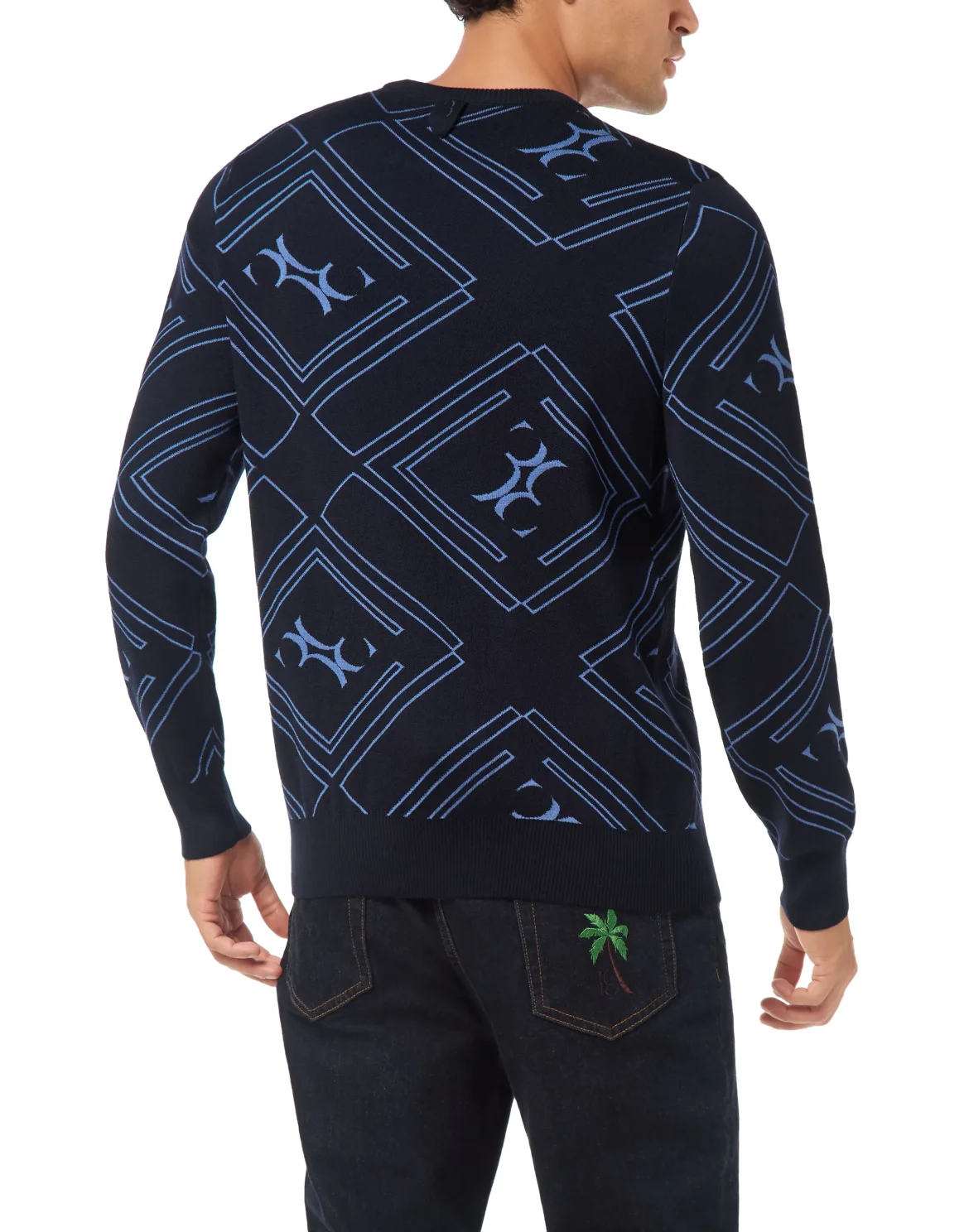 Wool Silk Round Neck Pullover Jacquard, цвет: Синий