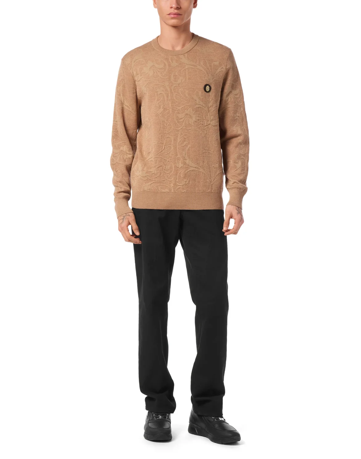 Wool Silk Round Neck Pullover Jacquard, цвет: Бежевый