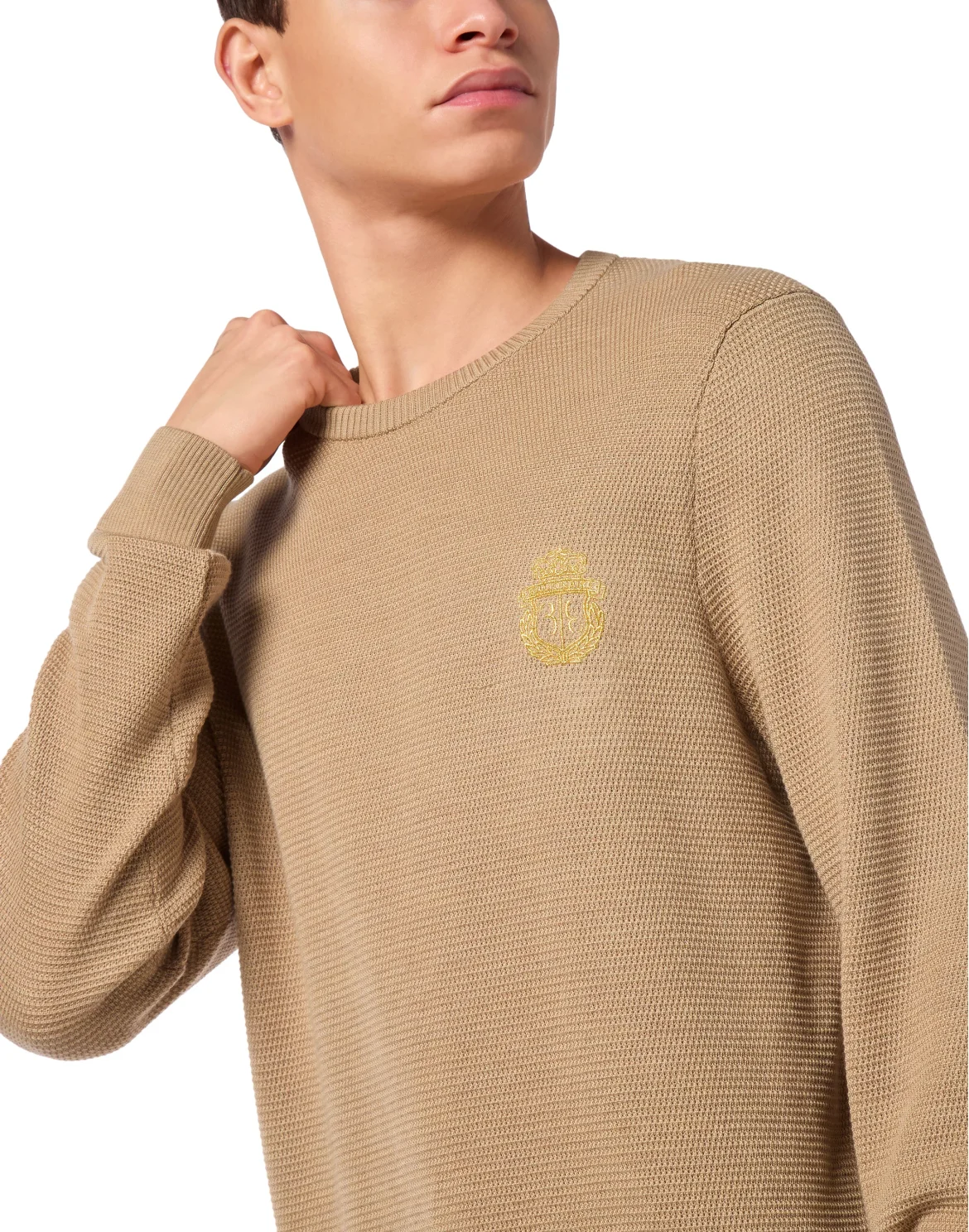 Embroidered Wool Silk Round Neck Pullover, цвет: Бежевый